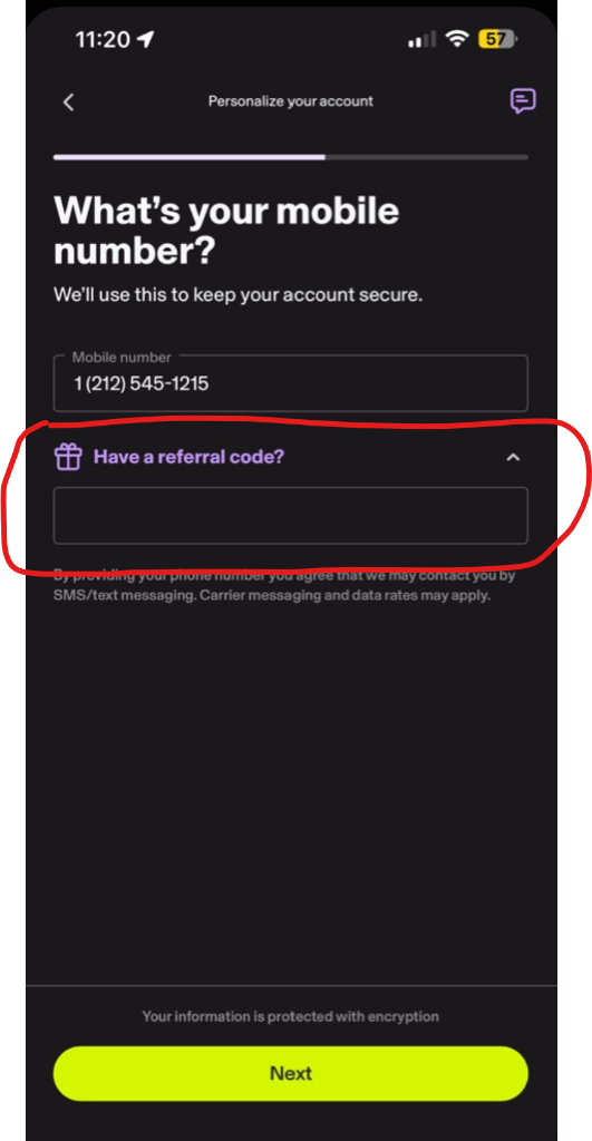KOHO app showing where to enter referral code during signup